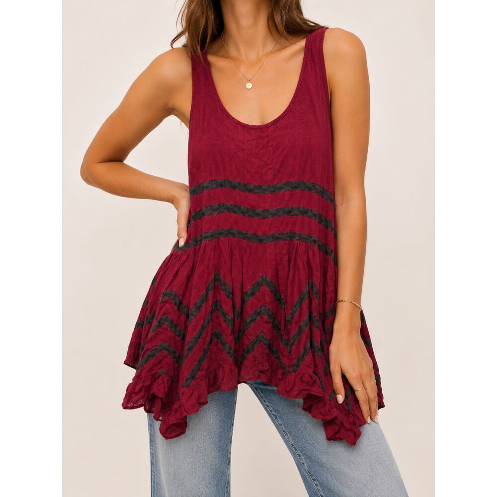 Free People Intimately Voile Lace Tunic XS Red Black Polka Dot Boho Fairy Grunge